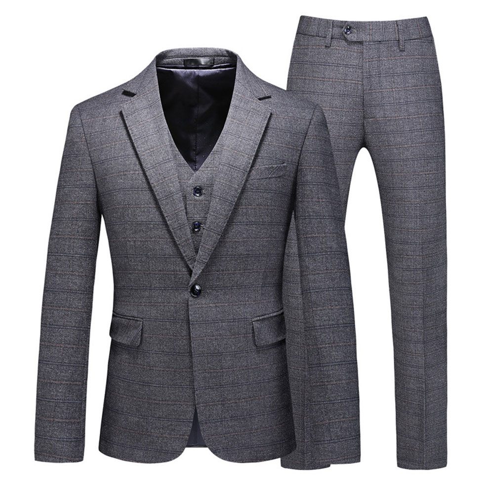 Costume 3 Pièces Pour Hommes Motif À Carreaux Vêtements Formels Minces Un Bouton Fentes Doubles Latérales - Gris