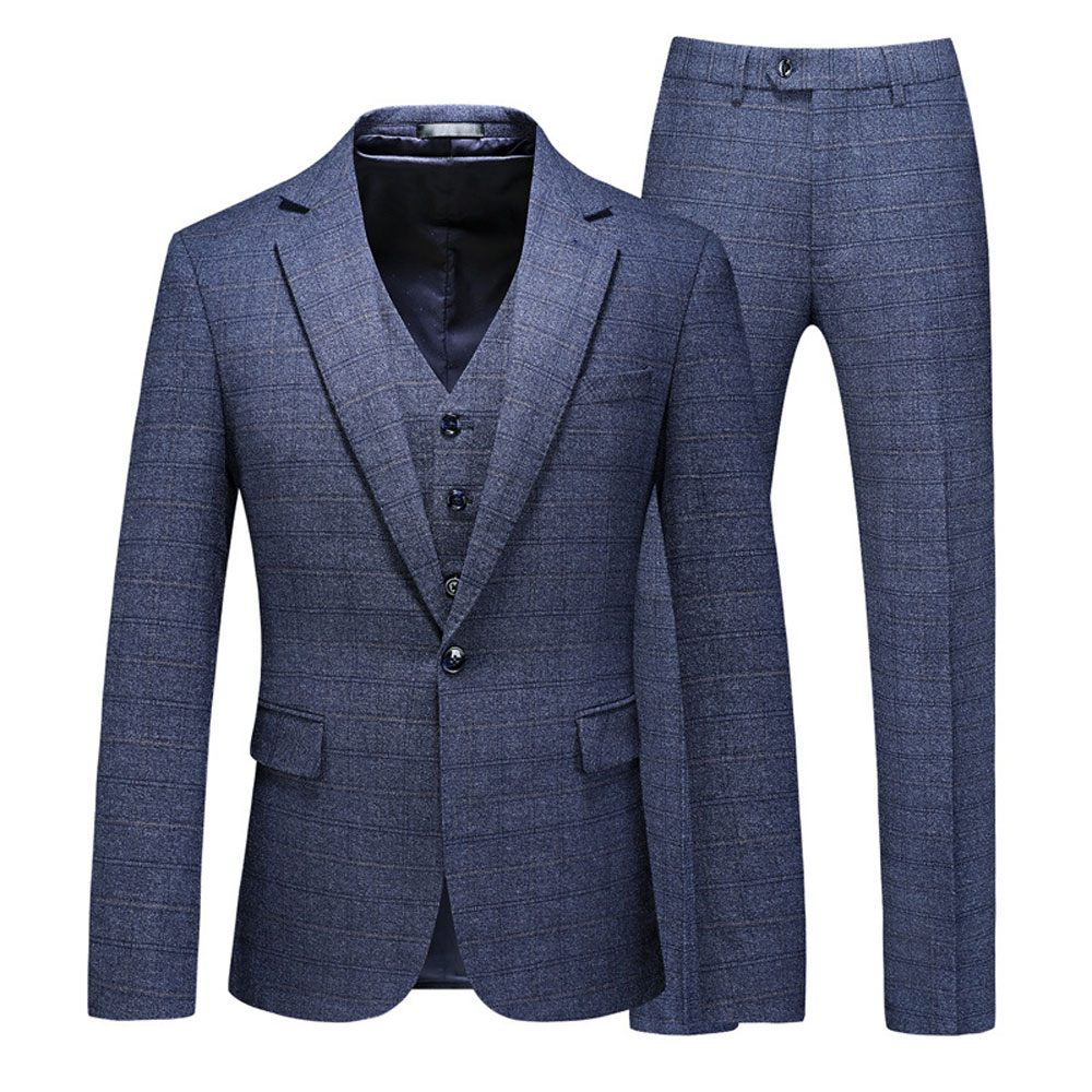 Costume 3 Pièces Pour Hommes Motif À Carreaux Vêtements Formels Minces Un Bouton Fentes Doubles Latérales - Bleu Foncé