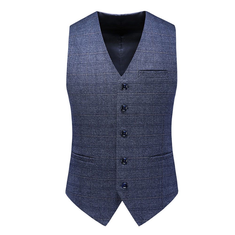 Costume 3 Pièces Pour Hommes Motif À Carreaux Vêtements Formels Minces Un Bouton Fentes Doubles Latérales - Bleu Foncé