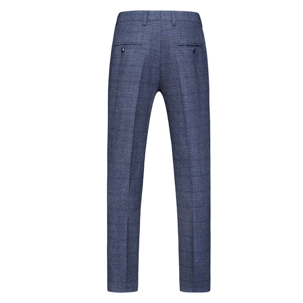 Costume 3 Pièces Pour Hommes Motif À Carreaux Vêtements Formels Minces Un Bouton Fentes Doubles Latérales - Bleu Foncé