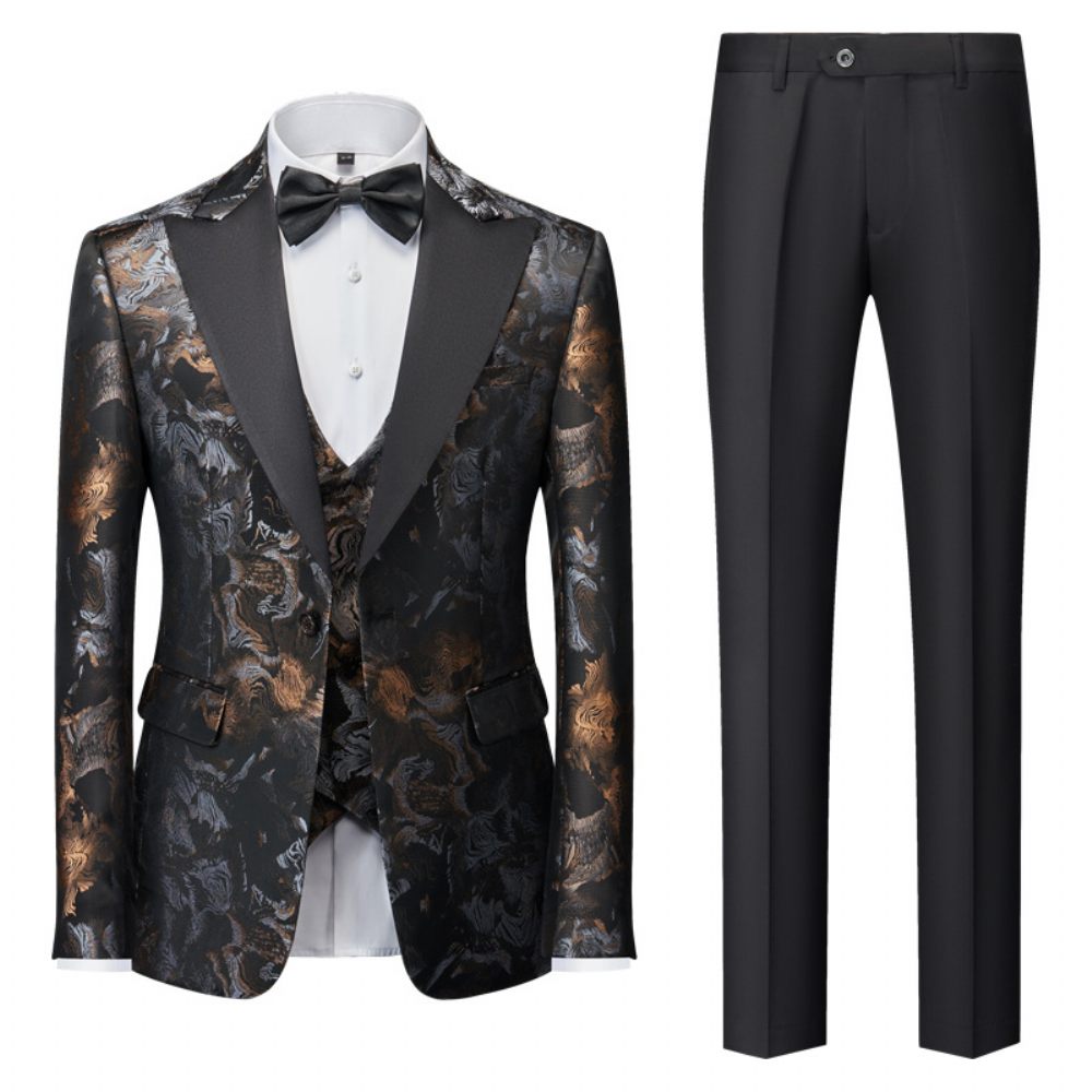 Costume 3 Pièces Pour Hommes Motif Floral Robe Formelle Décontractée Revers À Pointe Un Bouton Fête