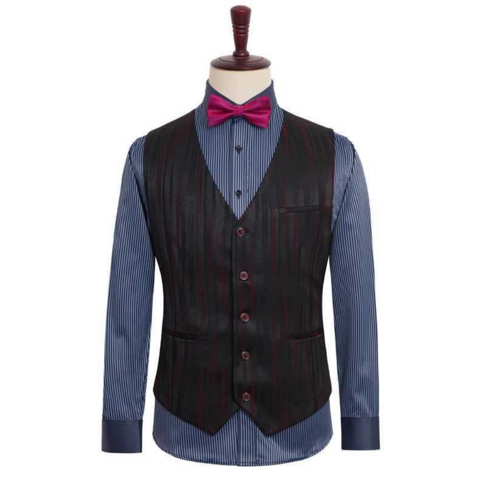 Costume Surdimensionné 3 Pièces Pour Hommes Vêtements Formels À Rayures Amples Tendance Un Bouton Col Plat - Noir / Rouge