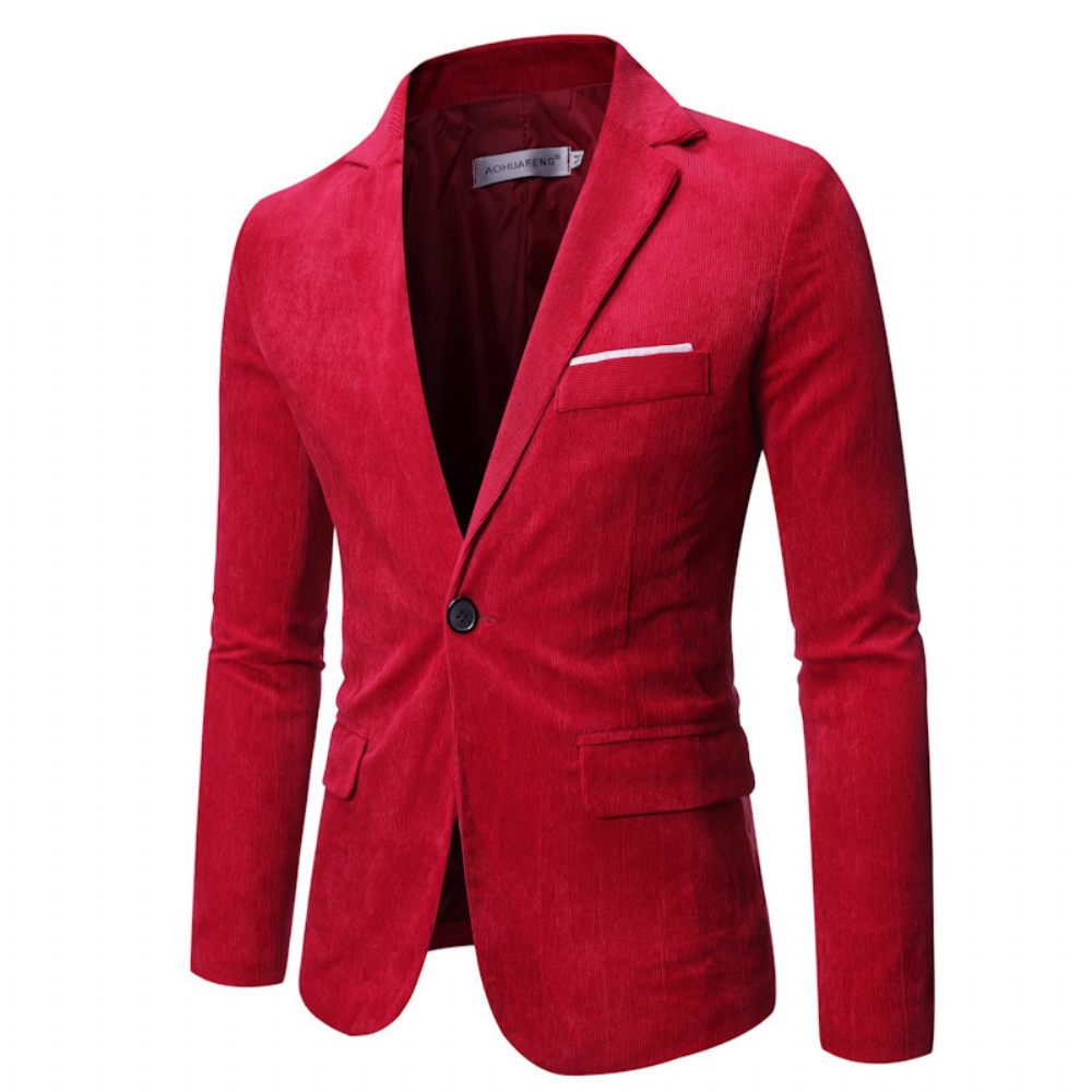 Homme Blazer Sport Manteau Automne / Hiver Velours Côtelé Mince Un Bouton Poches À Rabat - Rouge