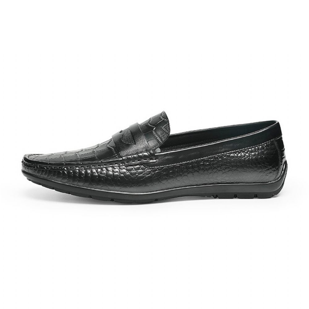 Mocassin Homme Cuir Vache Motif Crocodile - Noir