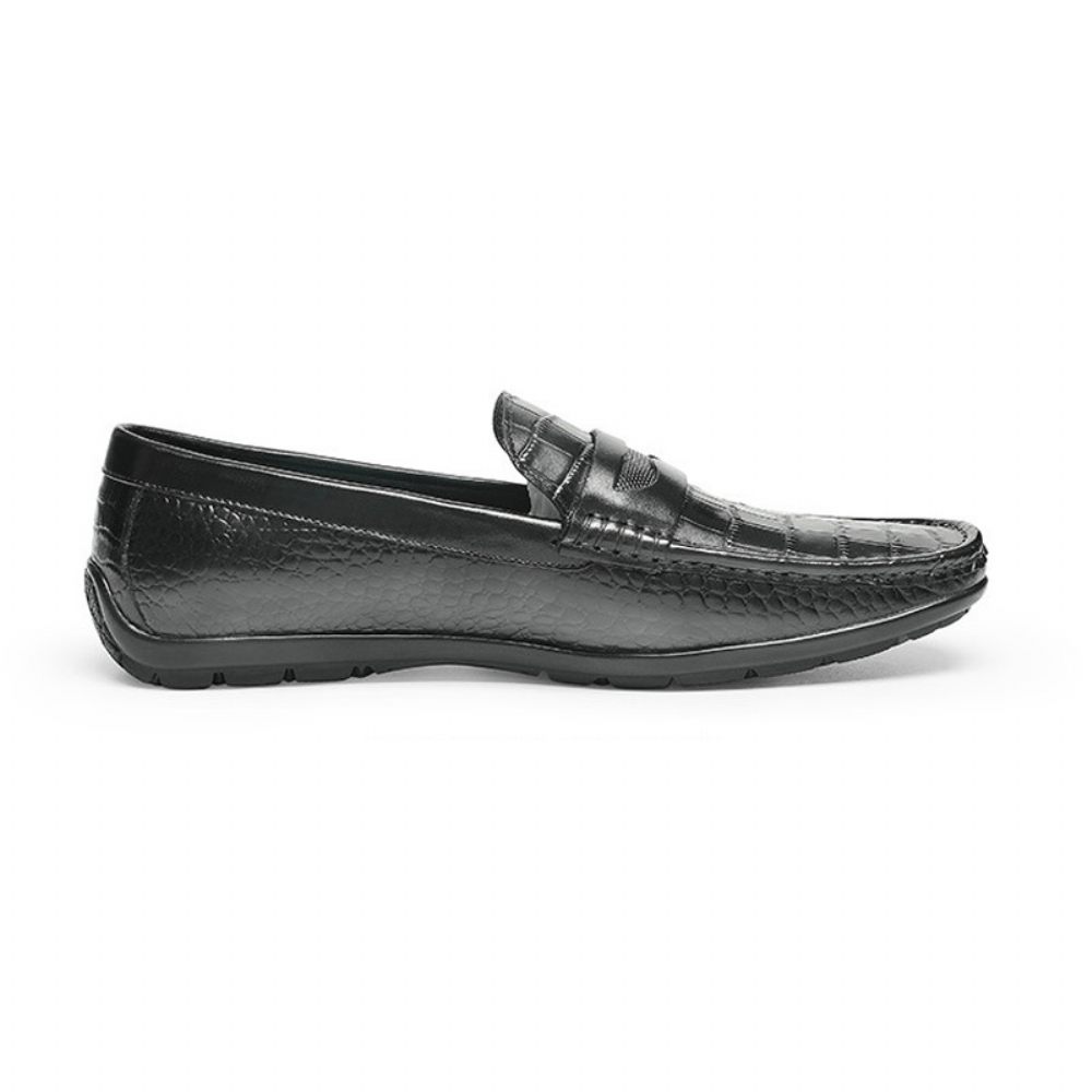 Mocassin Homme Cuir Vache Motif Crocodile - Noir